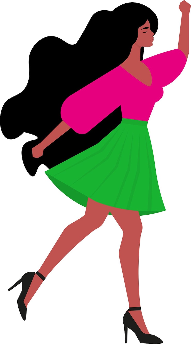 Vetor mulher latina com os braços levantados ilustração latina com saia verde e blusa rosa