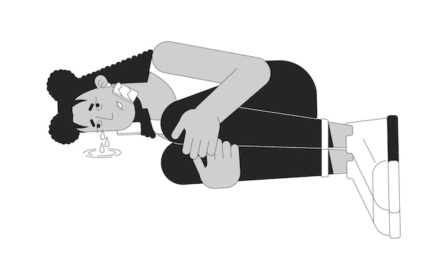 Vetor mulher latina de coração partido deitada enrolada em personagem de desenho animado de linha 2d preto e branco