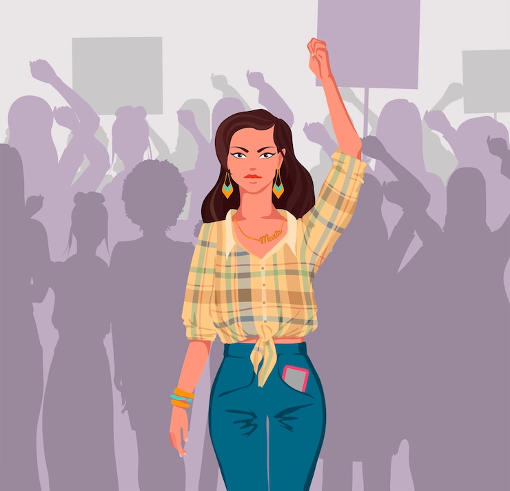 Vetor mulher latina participando da marcha feminina lutando por seus direitos ilustração vetorial