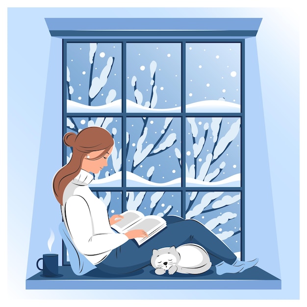 Vetor mulher lendo um livro e sentada na janela de inverno