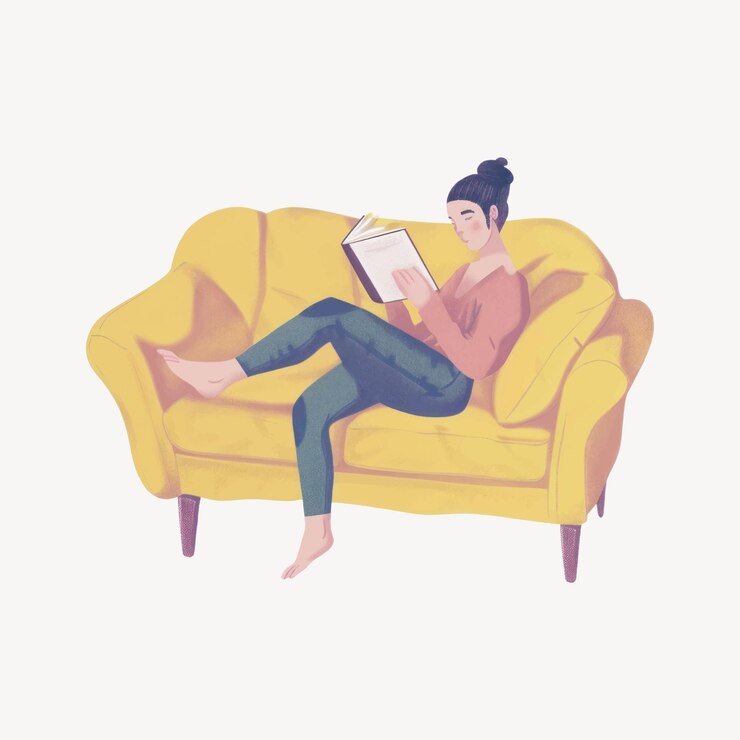 Vetor mulher lendo um livro no sofá