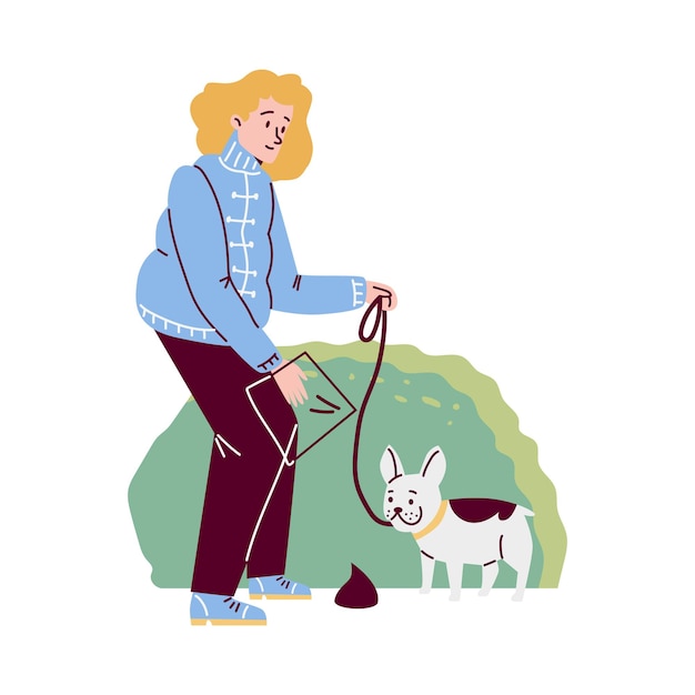 Mulher limpa cocô e depois de seu estilo simples de desenho animado de animal de estimação
