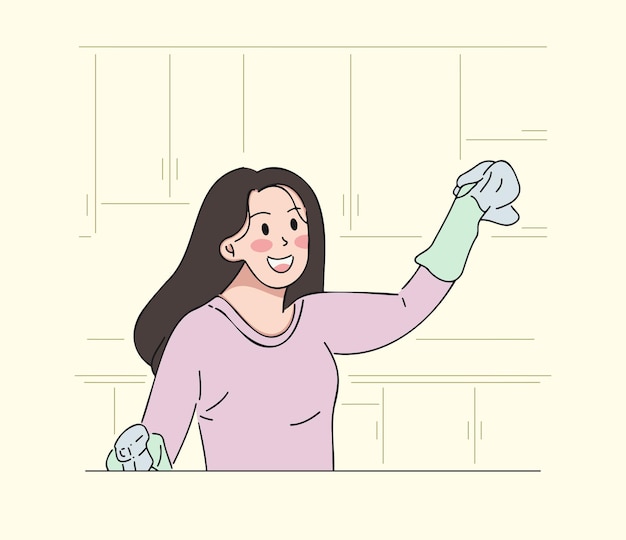 Mulher limpando ilustração plana de cozinha