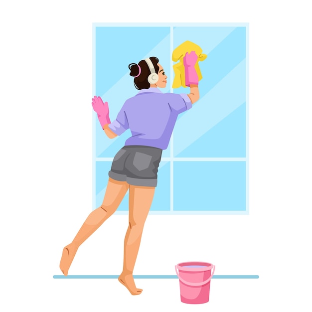 Mulher limpando janela usando fones de ouvido vestuário casual Ilustração vetorial
