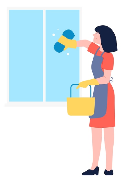Mulher limpando vidro de janela com esponja trabalhador de serviço profissional isolado em fundo branco
