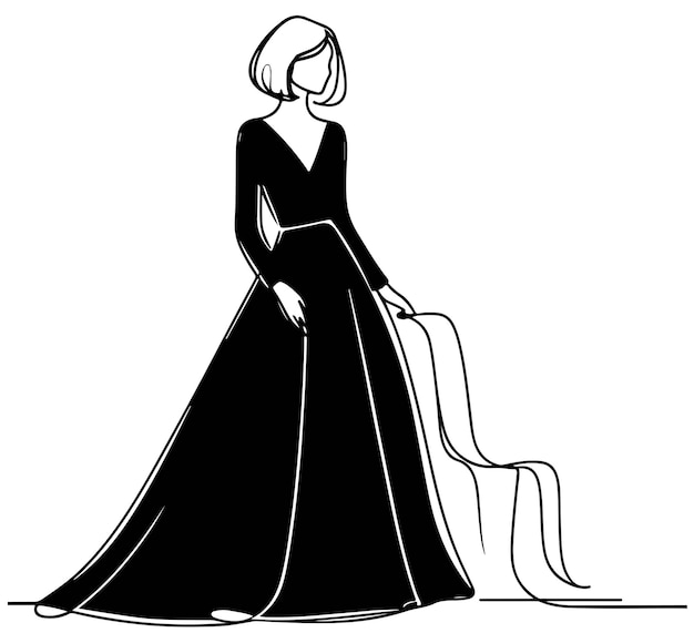 Mulher linda em vestido preto longo, estilo de desenho artístico, moda.