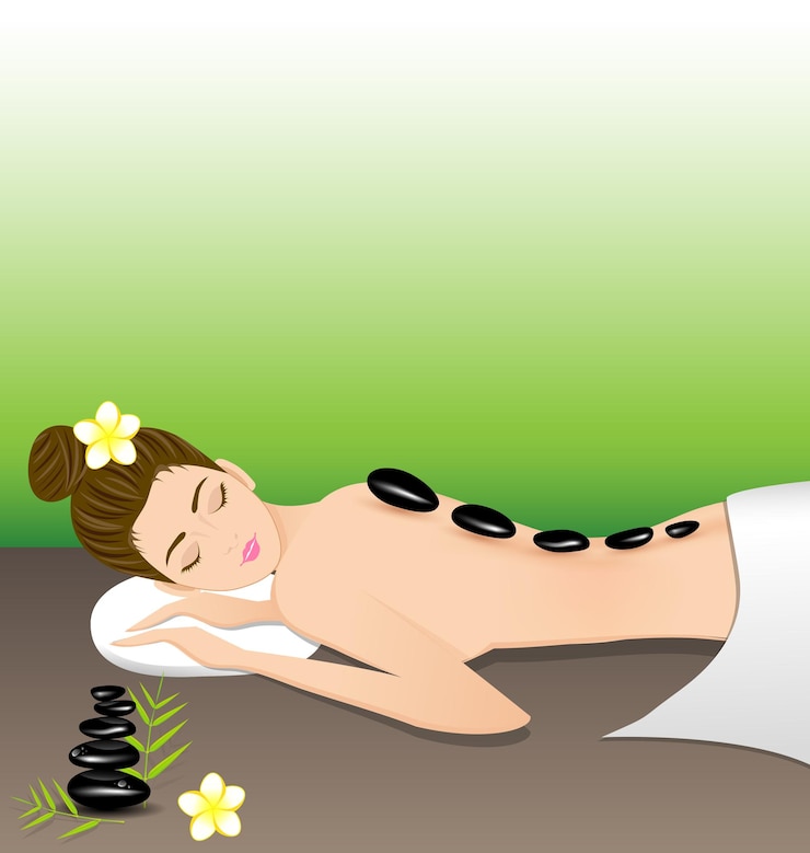 Vetor mulher linda mentindo uma terapia com pedras quentes no spa