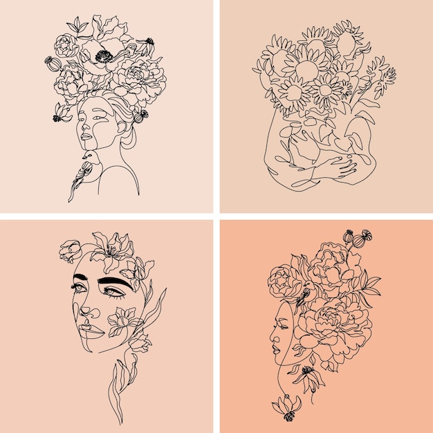 Vetor mulher linha arte minimalista logo natureza cosméticos orgânicos maquiagem cabeça de flor ilustração feminina