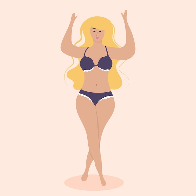 Mulher loira de tamanho grande em traje de banho com os braços para cima Corpo positivo aceitando e amando a figura completa