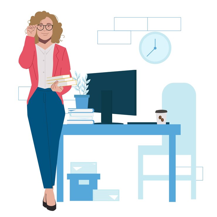Vetor mulher loira em pé perto da mesa do local de trabalho em ilustração plana