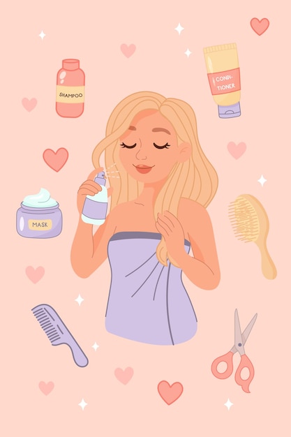 Mulher loira usando produtos de cuidados com o cabelo com acessórios de beleza