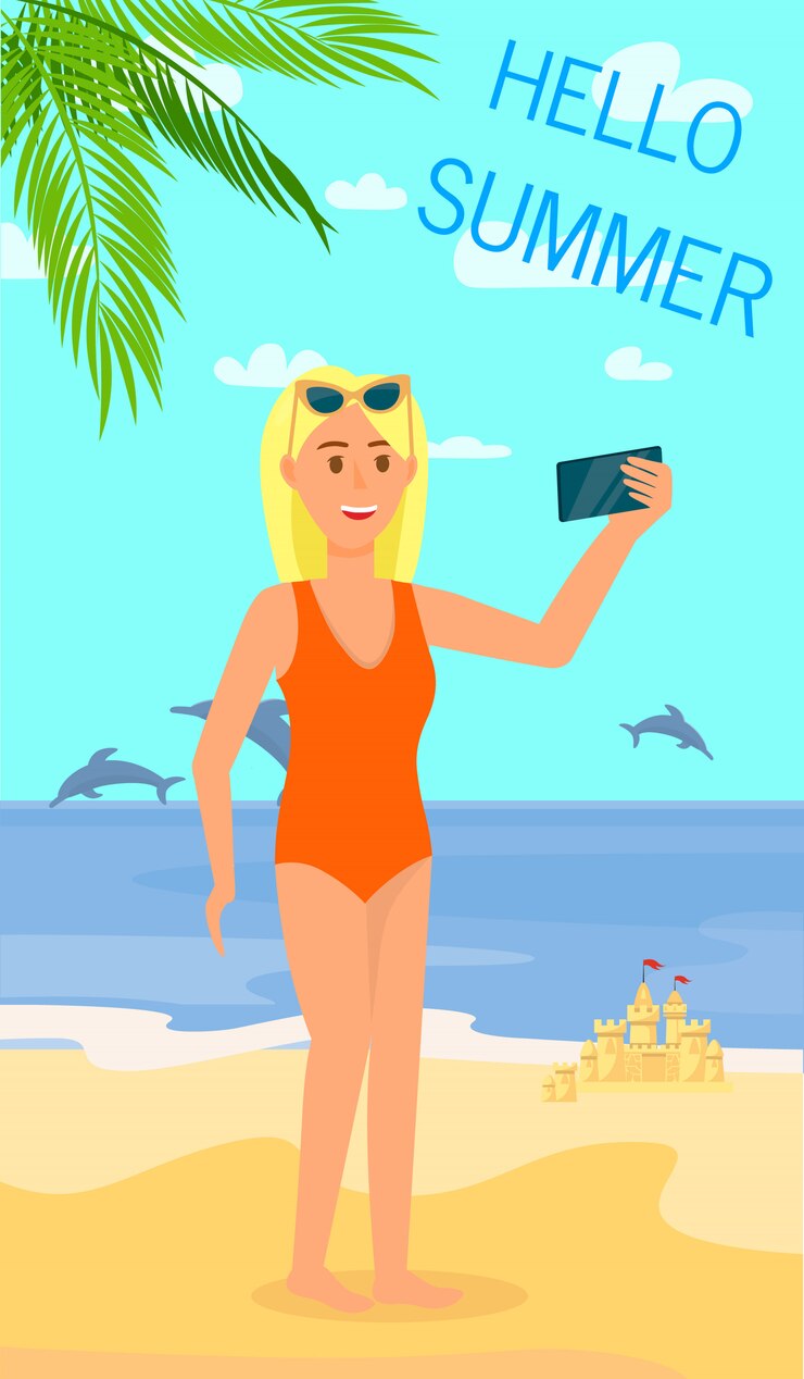 Vetor mulher loura nova que faz selfie na praia arenosa.