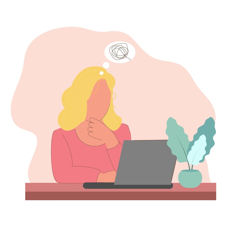 Vetor mulher lutando contra distrações e névoa mental enquanto trabalha em laptop adhd e problemas de concentração con