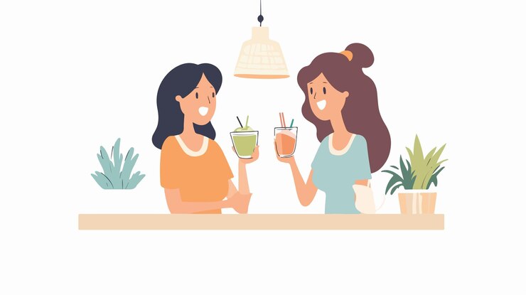 Vetor mulher madura alegre a desfrutar de uma conversa de smoothie