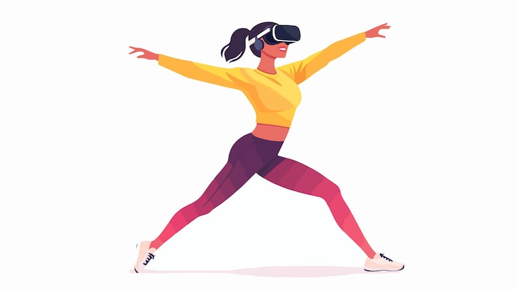 Vetor mulher magra ativa desfrutando de fitness de realidade virtual em óculos vr