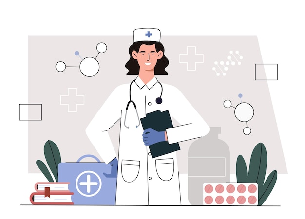 Mulher médico conceito garota está em uniforme médico perto de pílulas e bolhas de saúde trabalhador do hospital