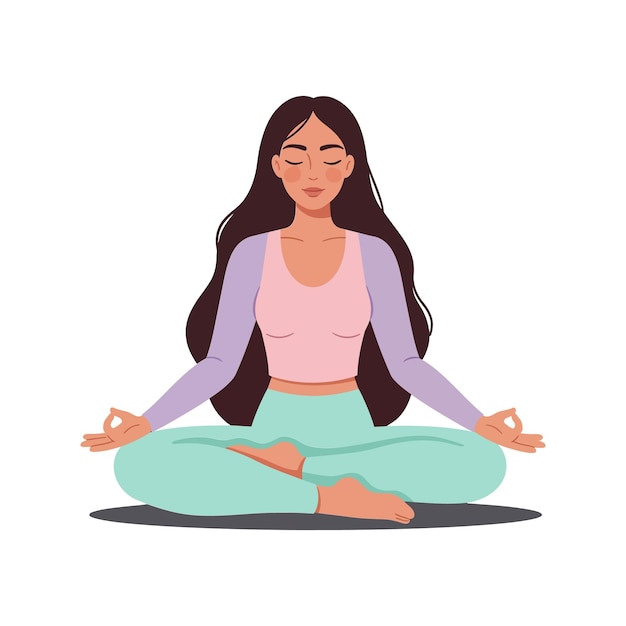 Mulher meditando em estilo plano com expressão serena e ilustração vetorial de vestuário colorido