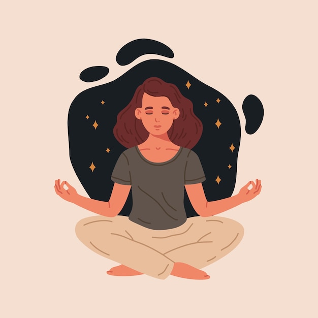 Mulher meditando Mulher com os olhos fechados meditando em yoga postura de lótus meditação e exercício de respiração ilustração vetorial plana cena de bem-estar e tranquilidade