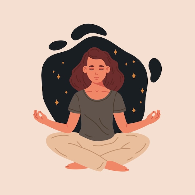 Mulher meditando mulher com os olhos fechados meditando em yoga postura de lótus meditação e exercício de respiração ilustração vetorial plana cena de bem-estar e tranquilidade