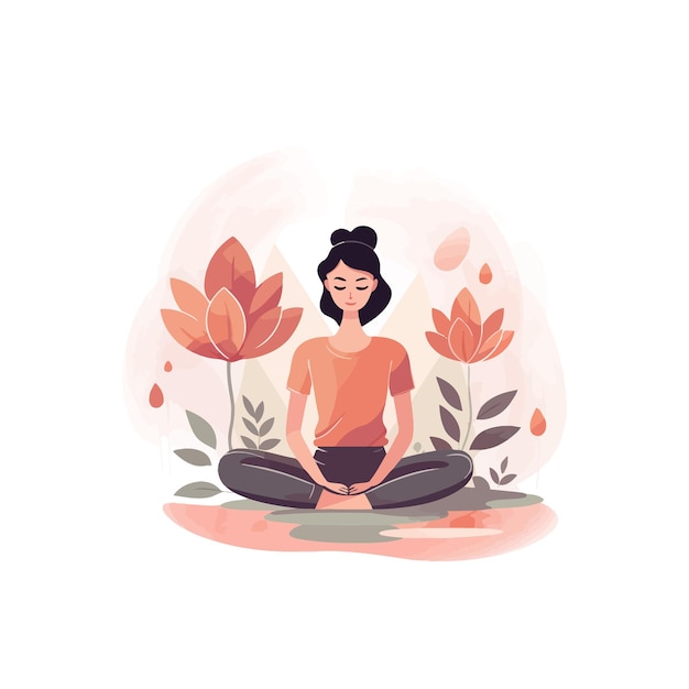 Vetor mulher meditando pacificamente entre elementos florais desenho de ilustração vetorial