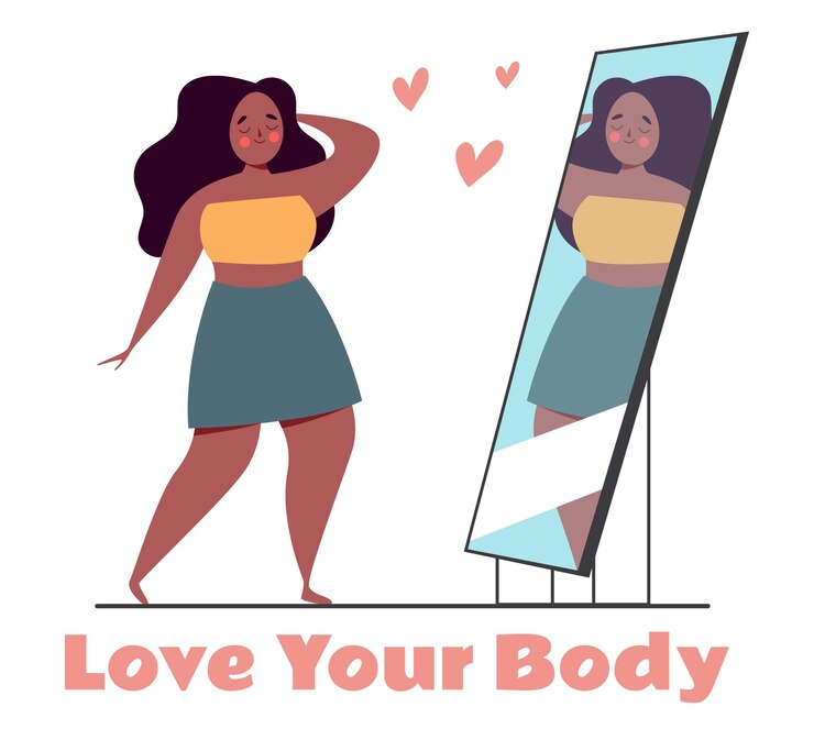 Vetor mulher, menina, olhando no espelho, amor próprio, corpo, conceito positivo, ilustração de design gráfico
