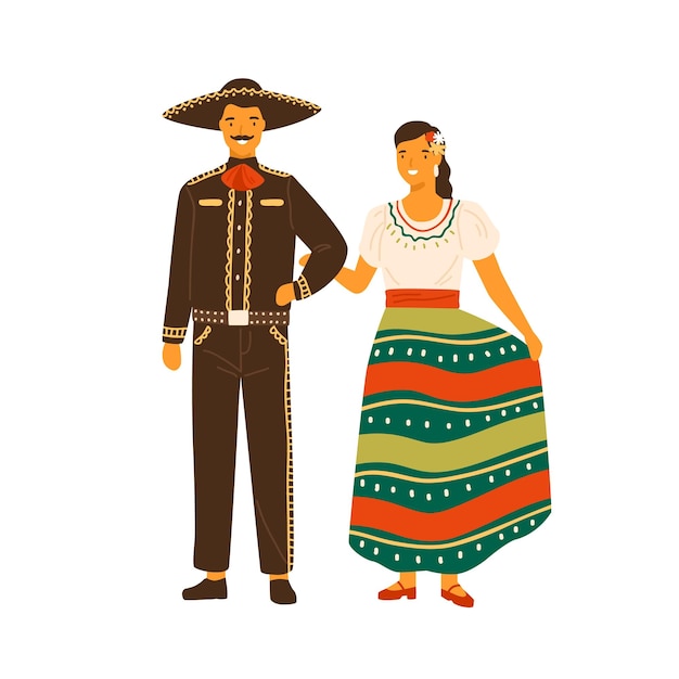 Vetor mulher mexicana e homem vestindo trajes tradicionais. indivíduo do sexo masculino em terno hispânico nacional e sombrero. personagem feminina em saia ornamentada. ilustração em vetor plana isolada no branco.