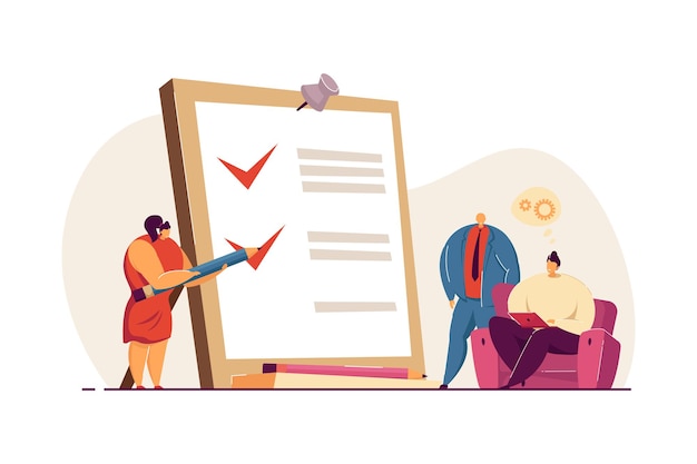 Mulher minúscula com lápis e lista de verificação na área de transferência. Conclusão da ilustração vetorial plana de tarefas de negócios. Plano de negócios, conceito de estratégia de marketing para banner, design de site ou página de destino