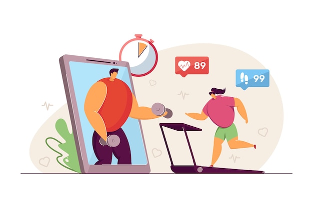 Vetor mulher minúscula se exercitando na esteira. telefone com app de fitness, treinamento de personagem feminina, pulso cardíaco, ilustração em vetor plana treinador virtual. estilo de vida saudável, conceito de esportes para banner, design do site