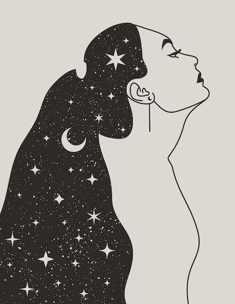Mulher mística com a lua e as estrelas no cabelo em um estilo boho moderno. espaço vectorial retrato de uma menina