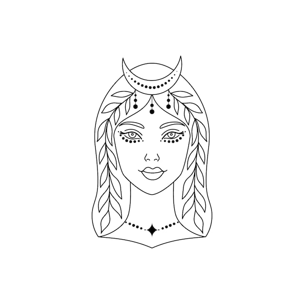 Mulher mística com lua crescente na cabeça. Ilustração em vetor arte linha.