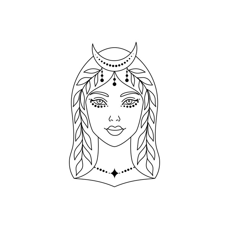 Vetor mulher mística com lua crescente na cabeça. ilustração em vetor arte linha.