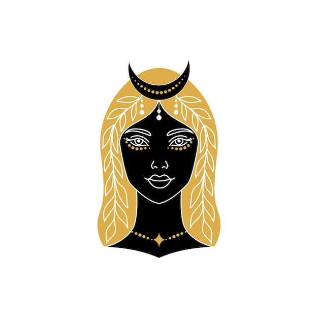 Mulher mística com lua crescente na cabeça Ilustração vetorial de arte de linhaxD