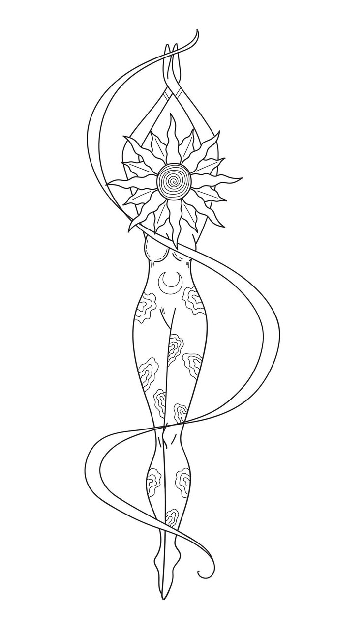 Vetor mulher mística desenhada à mão com cabeça de sol em arte de linha silhueta espiritual mulher jovem com fita