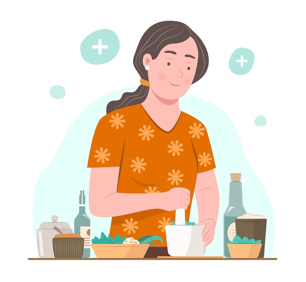 Mulher misturando ervas e outros remédios orgânicos para fazer ervas medicinais para conceito de homeopatia