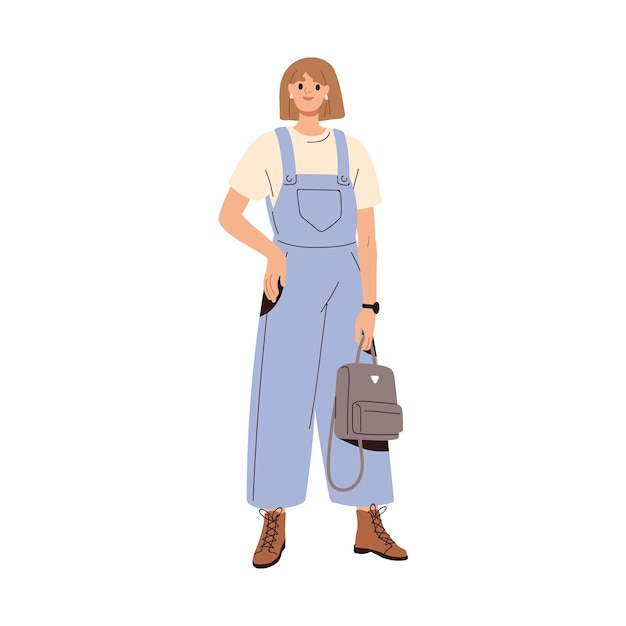 Mulher moderna vestindo roupas da moda verão. roupa casual da moda com macacão jeans solto, camiseta, botas de cadarço e mochila. ilustração em vetor plana colorida isolada no fundo branco.