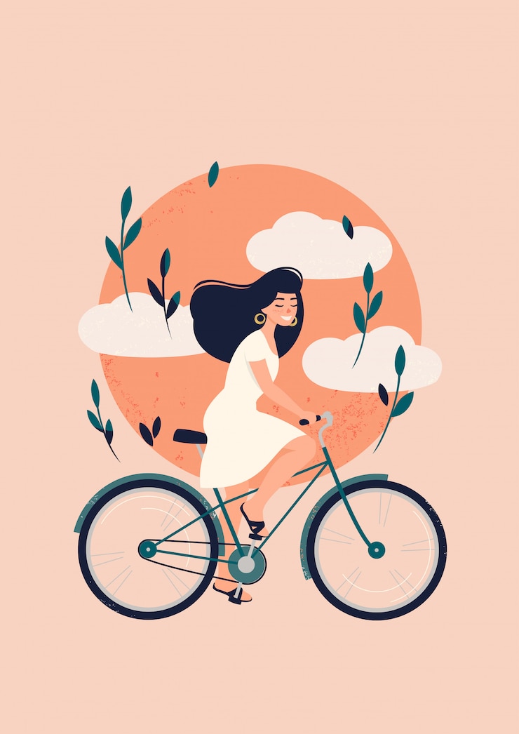 Vetor mulher morena feliz anda de bicicleta em frente ao sol com nuvens