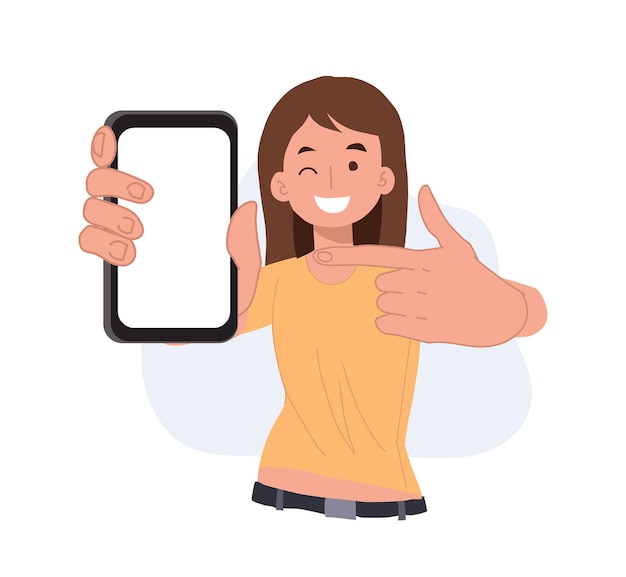 Mulher mostrando a tela do smartphone em branco e apontando nela ilustrações vetoriais de desenho animado