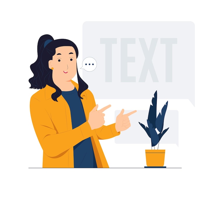 Vetor mulher mostrando e apontando os dedos no canto superior esquerdo e direito com conselhos de expressão feliz usa este espaço de cópia sabiamente ilustração do conceito