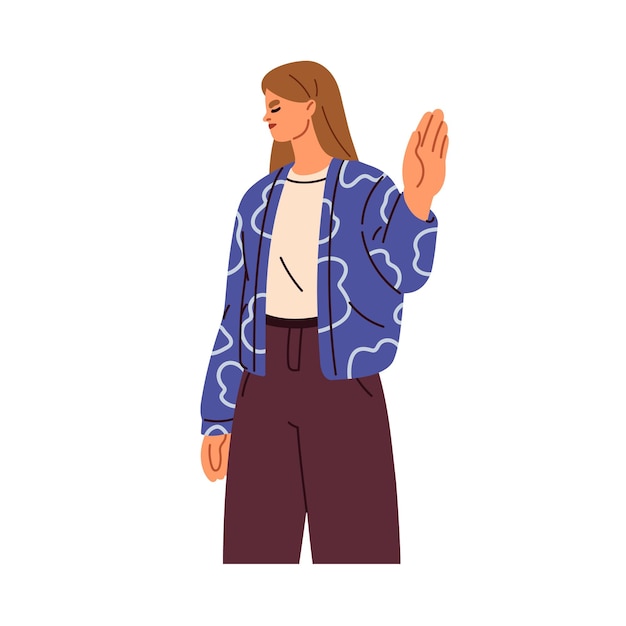 Mulher mostrando sinal de parada com gesto de mão menina dizendo não recusar negar protestar com palma negação não gostar recusa expressão vetor plano ilustração isolada em fundo branco