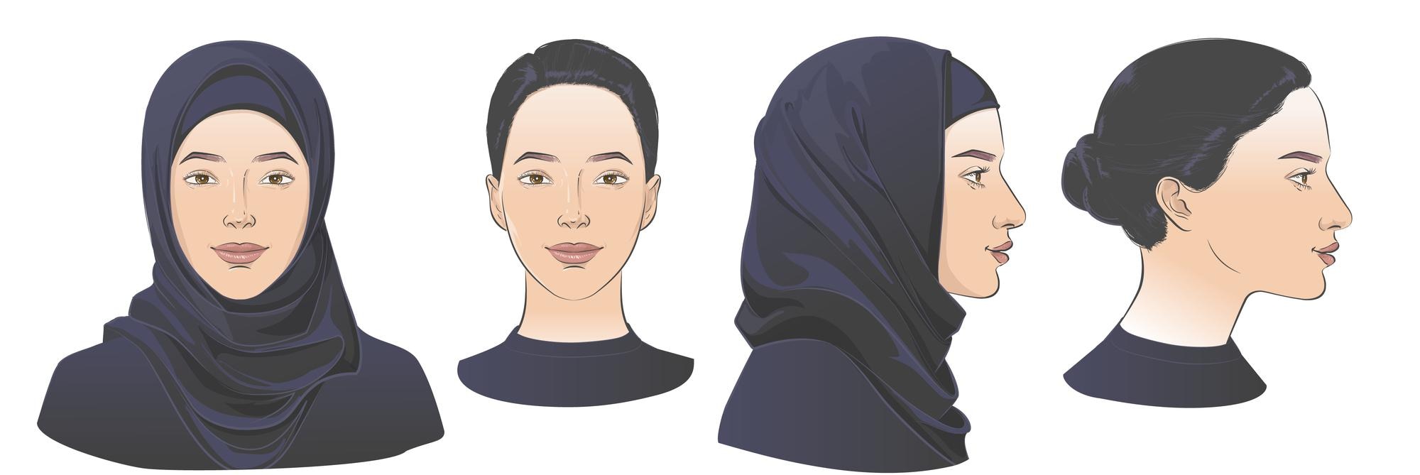 retrato de uma mulher em um hijab em perfil com cabelos longos e soltos. a  luta das meninas muçulmanas por seus direitos. bandeira abstrata  horizontal. gráficos vetoriais. 13710378 Vetor no Vecteezy