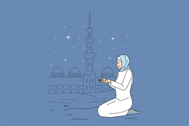 Mulher muçulmana com roupas tradicionais reza perto da mesquita. menina religiosa islâmica em hijab com as mãos em show de oração, fé e religião. ramadan kareem, conceito de tradição. ilustração em vetor plana.