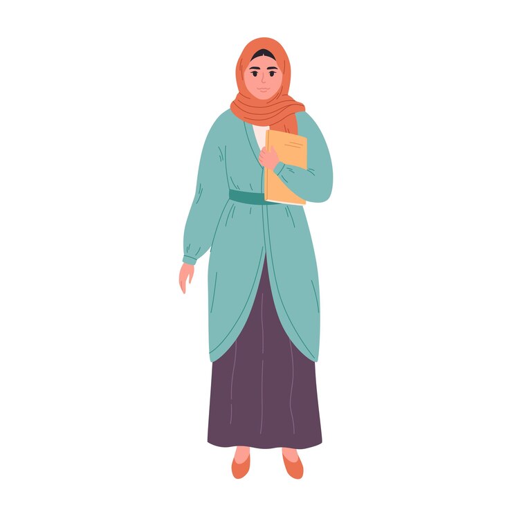 Vetor mulher muçulmana de hijab com livro professora de escola bibliotecária mulher de negócios