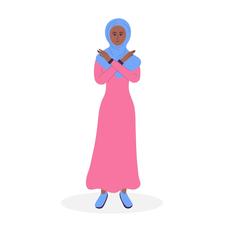 Vetor mulher muçulmana em hijab mostrando recusa ou gesto de parada com as mãos cruzadas expressando emoção negativa