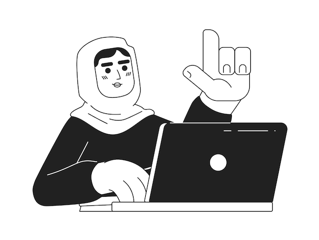 Mulher muçulmana em hijab no trabalho personagem vetorial plano monocromático editável linha fina trabalhador de meio corpo com computador em branco imagem simples de desenho animado bw para design gráfico da web