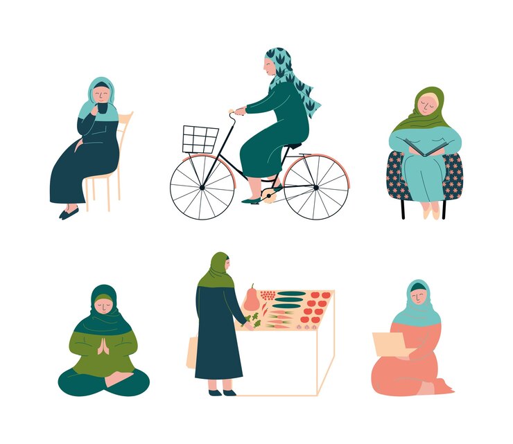 Vetor mulher muçulmana em na vida cotidiana definido mulheres árabes personagem em roupas tradicionais e hijab beber chá andar de bicicleta rezar compras de mantimentos ilustração vetorial de desenho animado