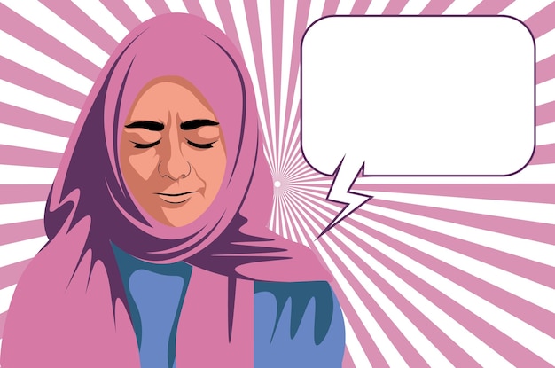 Mulher muçulmana iraniana árabe asiática usando hijab olhos fechados com face frontal de bolha de fala em branco