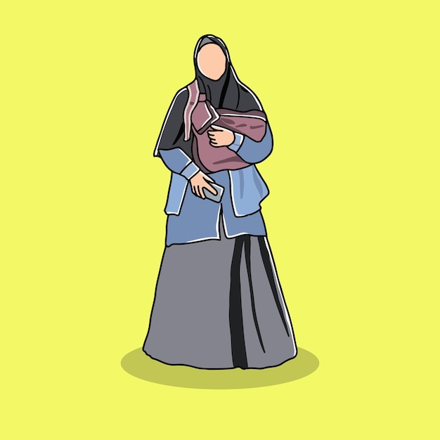Vetor mulher muçulmana vestindo hijab em pé segurando handphone e ilustração de bebê