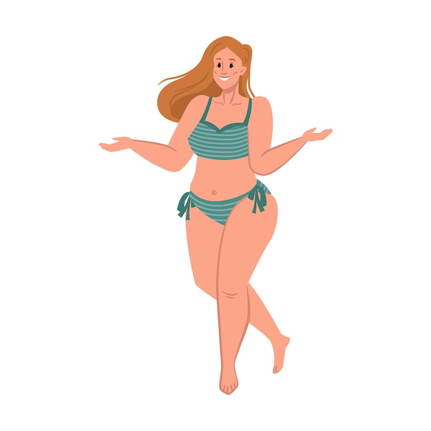 Mulher muito gordinha e feliz em um corpo de maiô positivo