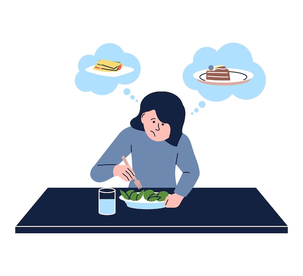 Vetor mulher na dieta mulher triste comendo salada de legumes verdes e bebendo água, mas sonha com bolo e sanduíche estilo de vida saudável ou conceito de vetor de anorexia de dieta e ilustração de vegetais orgânicos