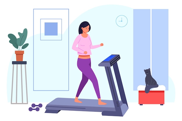 Mulher na esteira no interior do quarto Treino de fitness em casa